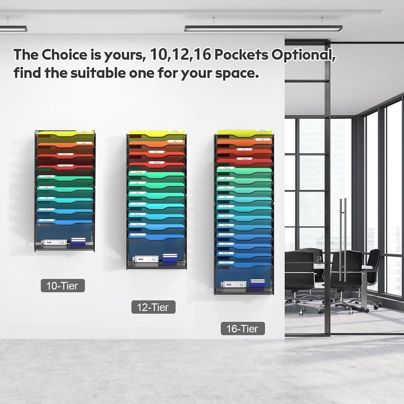 Samstar 16 Tier Wall File Organizer Hanging Wall File Holder Wall Mount Paper Folder Organizer, Magazine Rack, Mesh Made,Black - Image 5